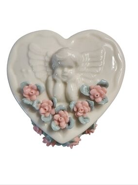 Ganz Heart-Shaped Porcelain Trinket Box with Cherub and Pink Flowers